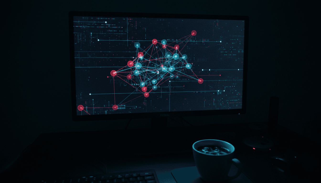 Network graph of conflicting data points on a monitor in a dim room