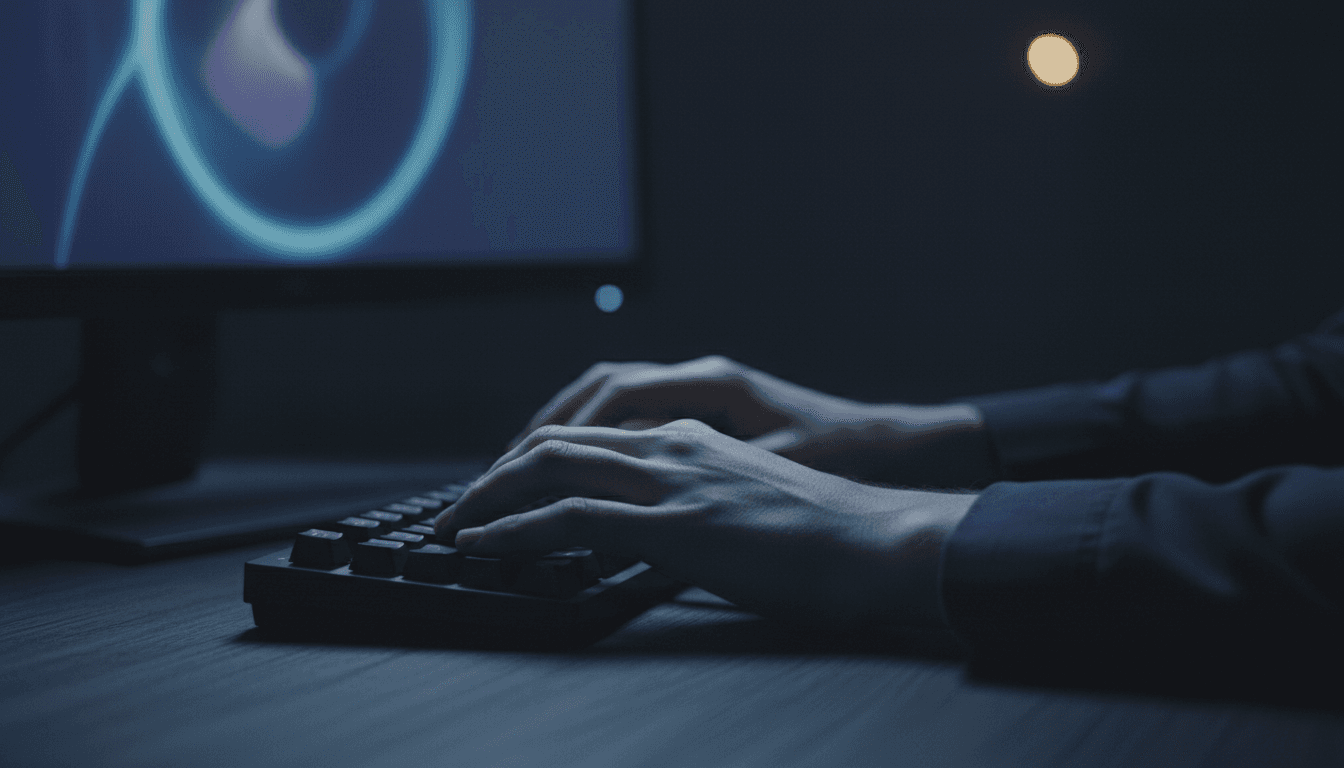 Hands resting on a desk in front of a blurred computer screen