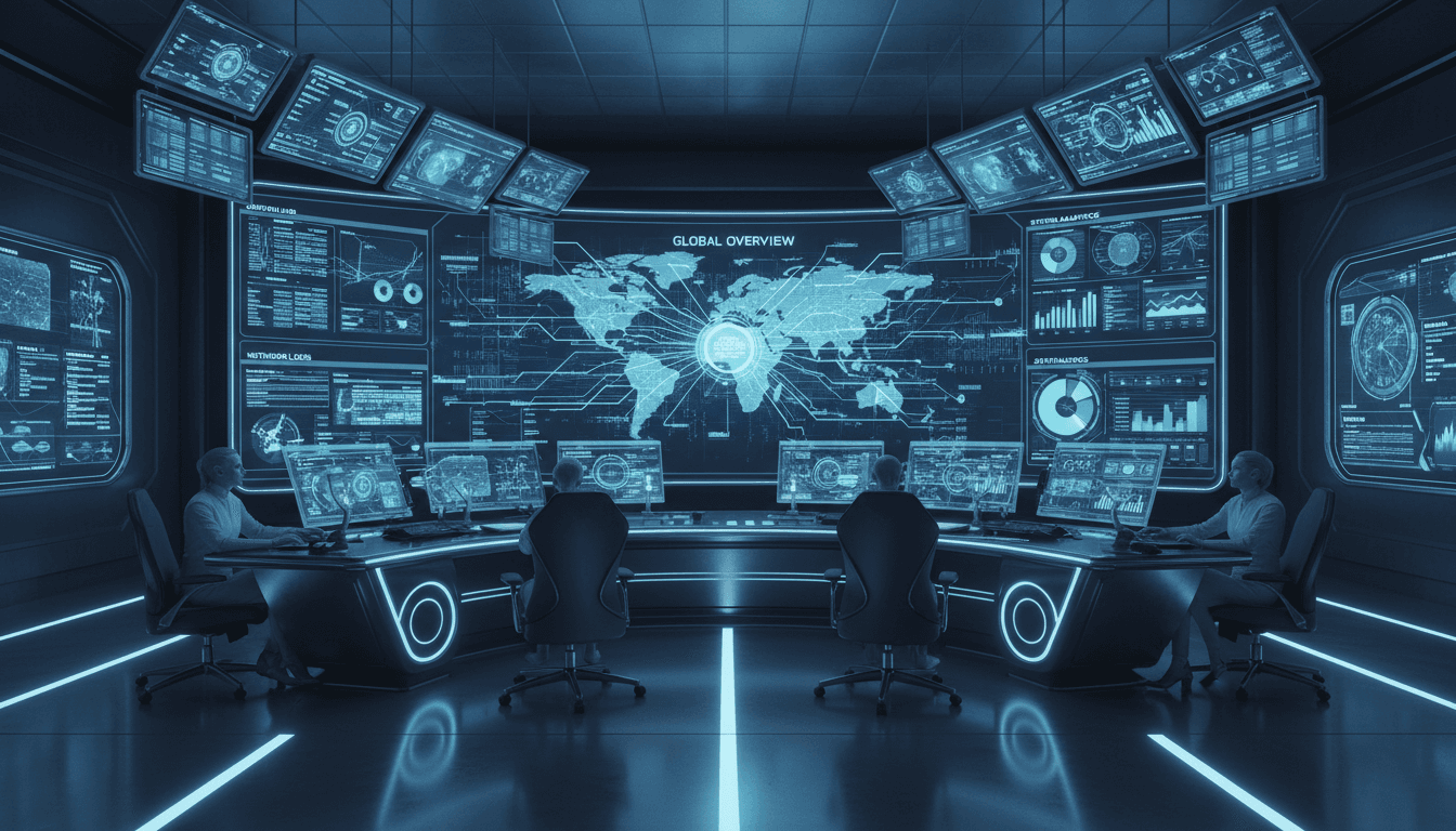 Futuristic command center with multiple screens displaying data analysis and network graphs