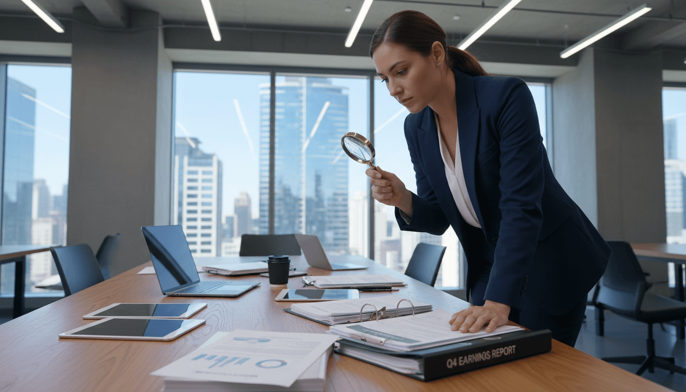 Analyst examining documents closely in a modern office