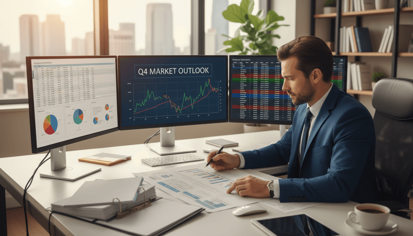 Professional analyst reviewing documents and charts at a desk with multiple screens
