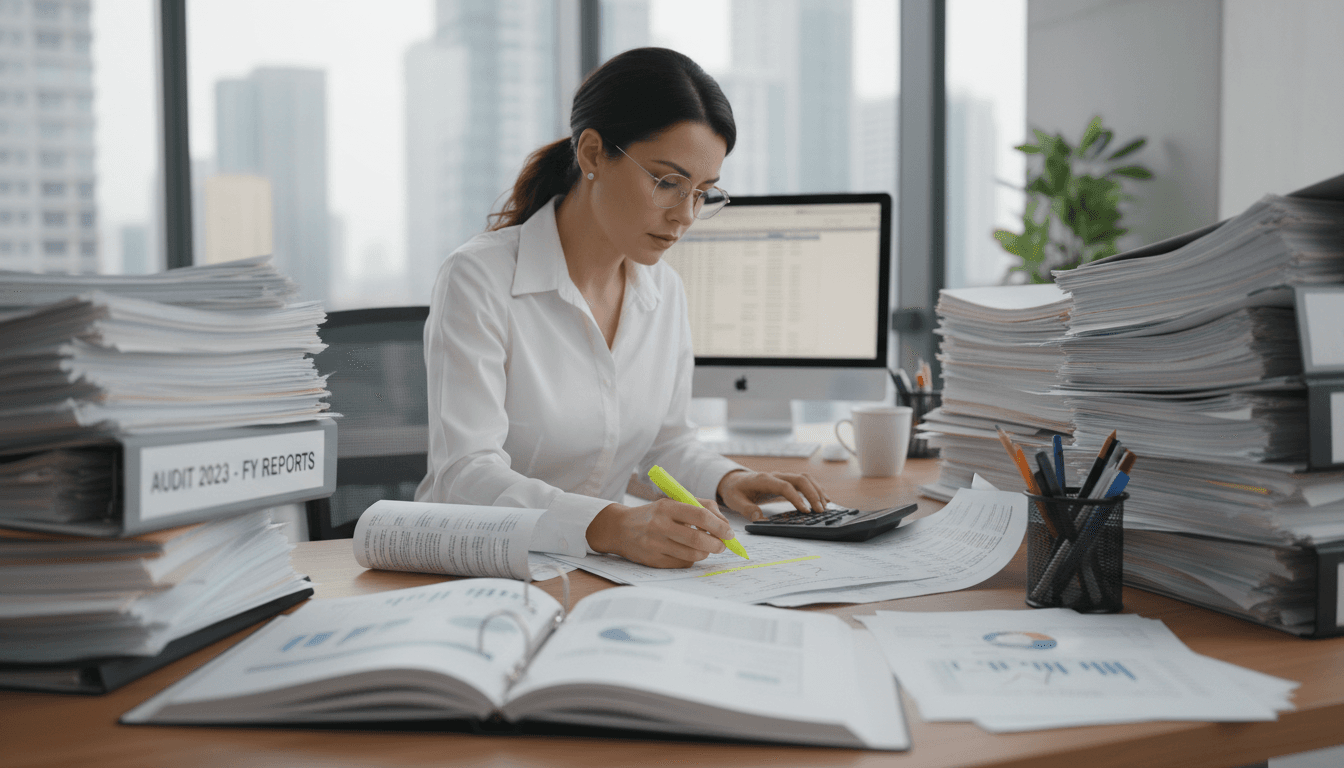 Accountant reviewing a printed audit trail with documents on a desk