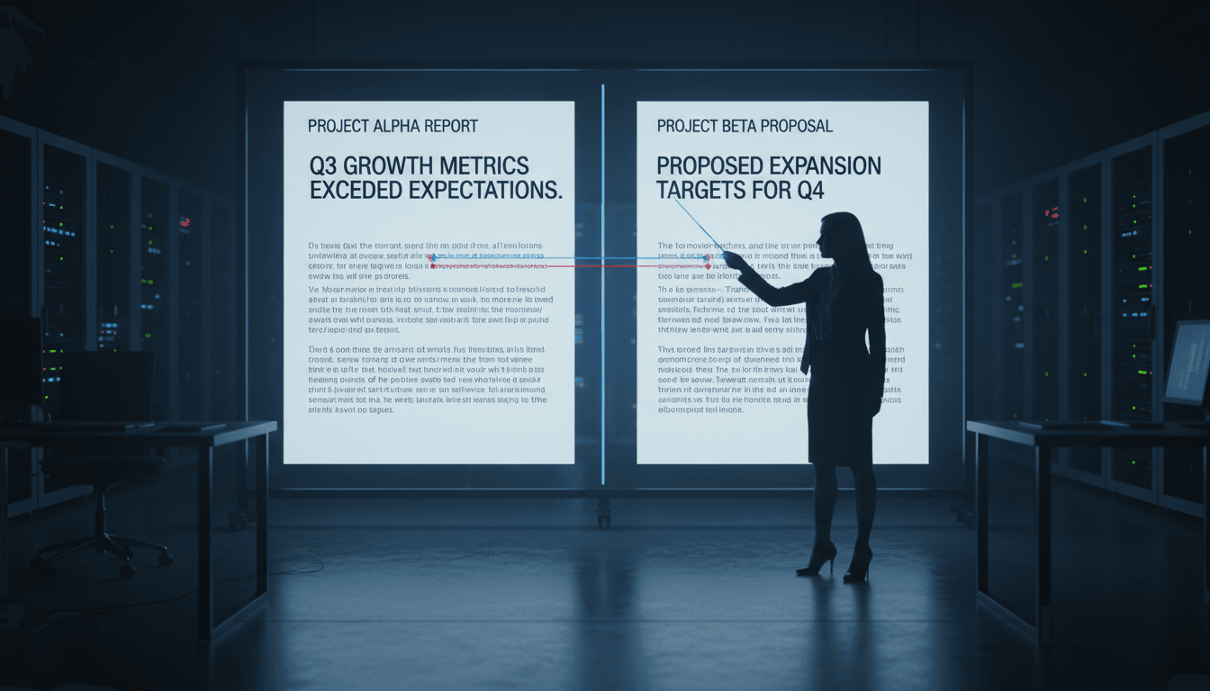Analyst pointing at two documents on a large screen in a dark room