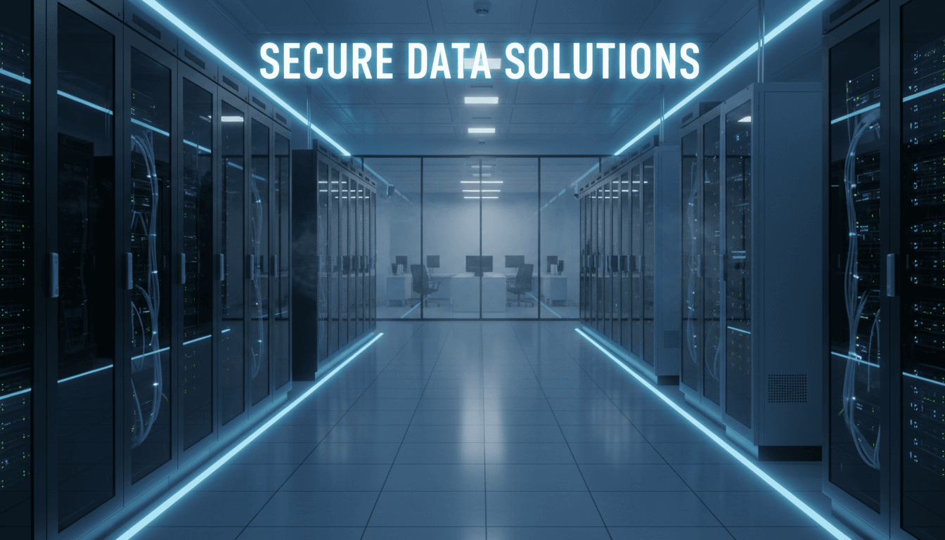 Secure enterprise data center with server racks and soft blue lighting