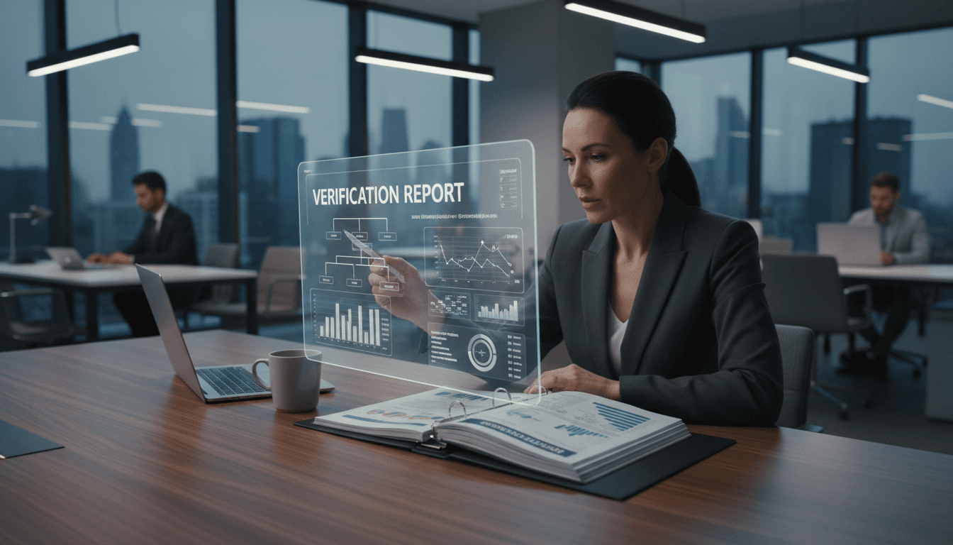 Professional reviewing a detailed verification report in a modern office
