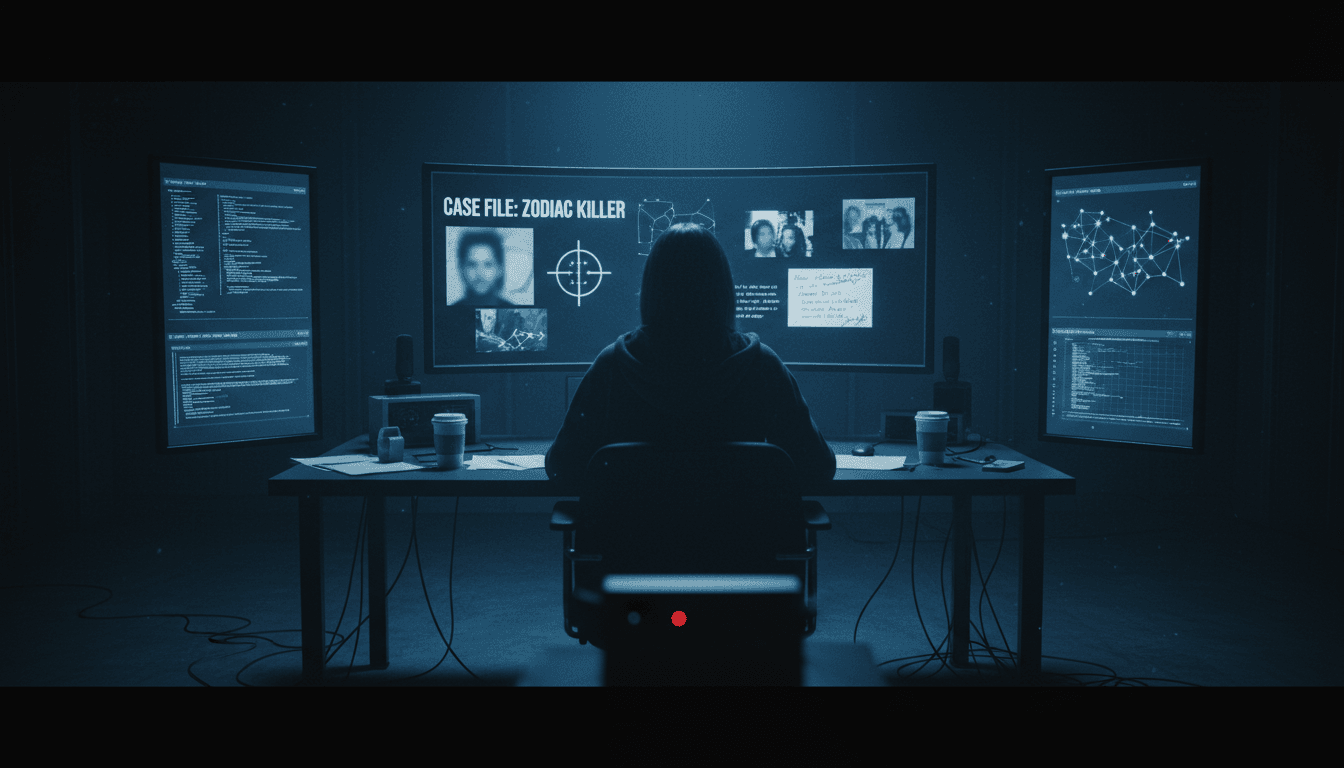 Investigator reviewing case files on digital screens