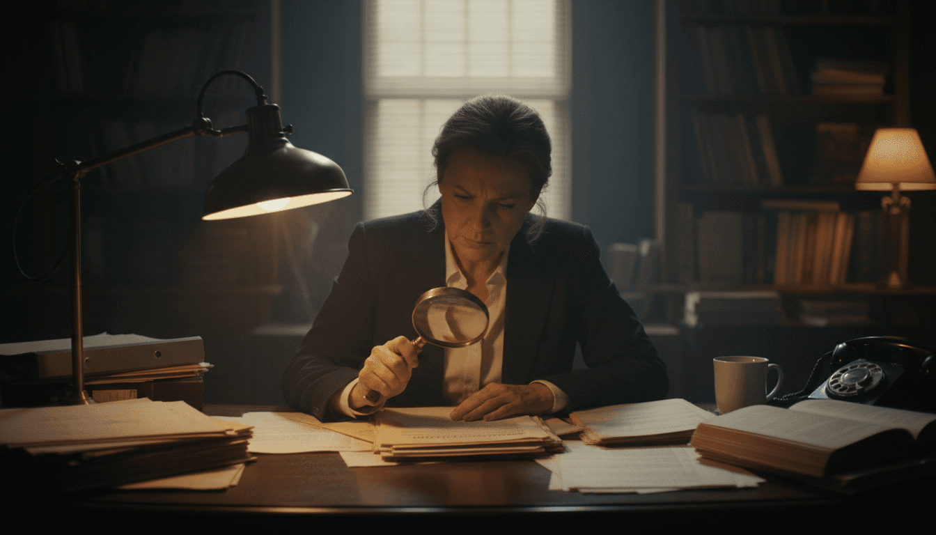 Investigator examining documents with a magnifying glass at a desk