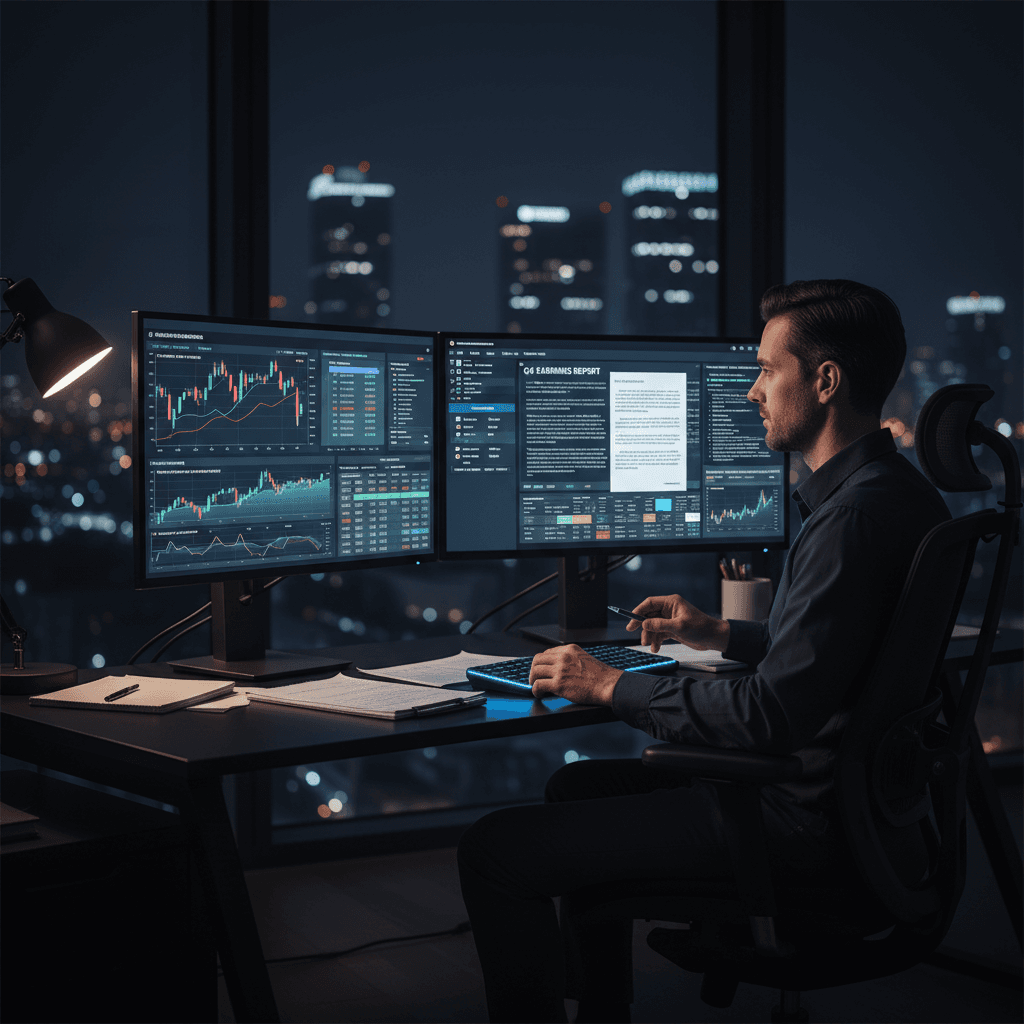 Analyst reviewing research data on dual monitors