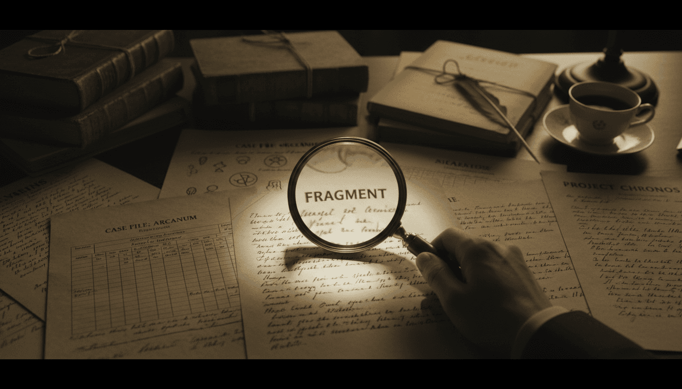 Hand inspecting documents with a magnifying glass under a sharp desk lamp