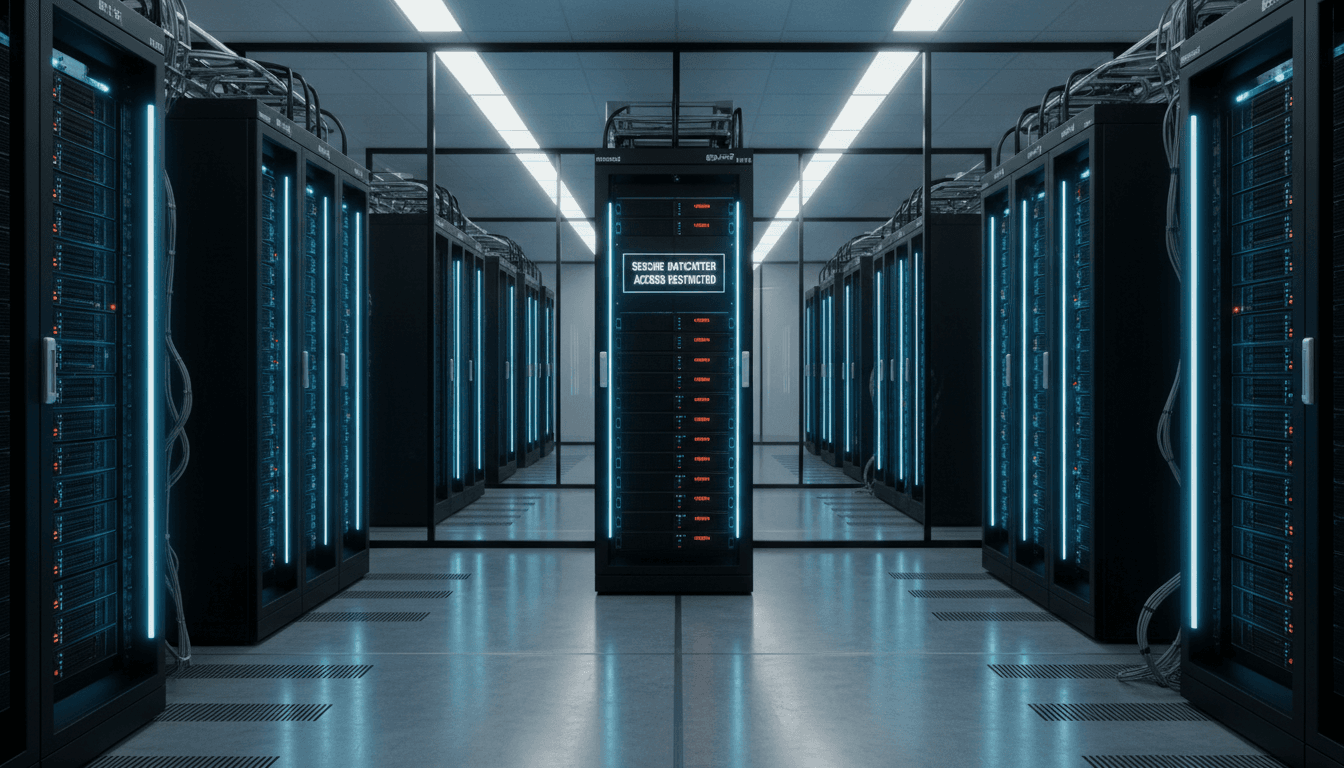 Rows of servers in a modern datacenter with blue accent lighting