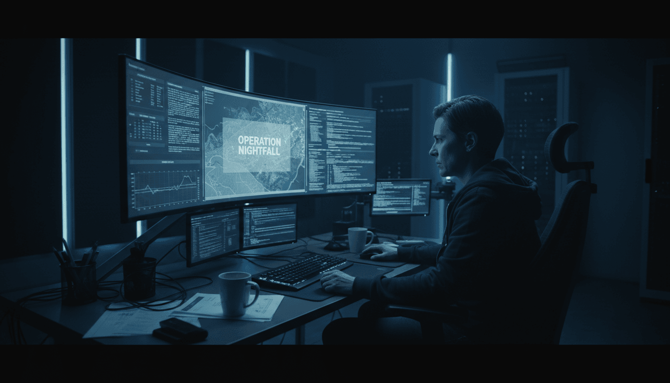 Analyst examining source documents on a large monitor in a dark intelligence workspace