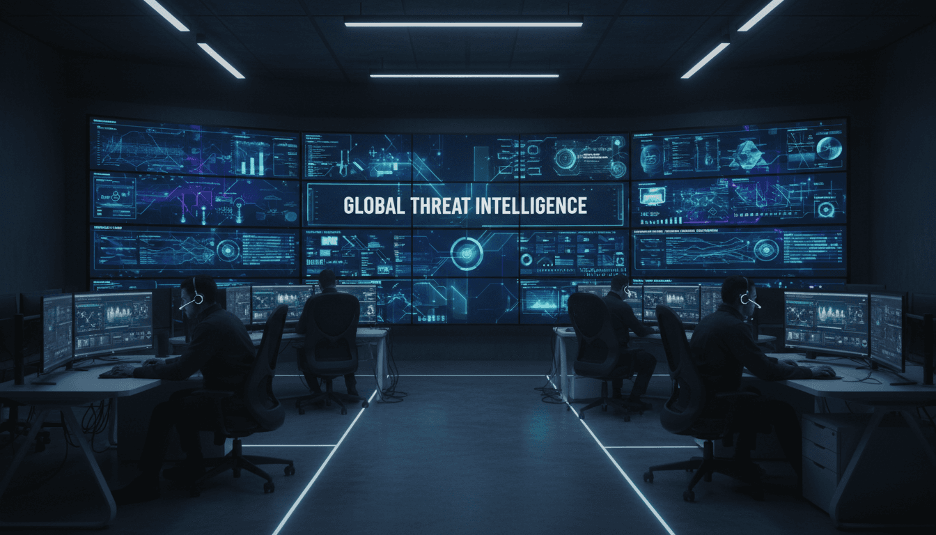 Security operations center with large monitors displaying data analytics in a dark room