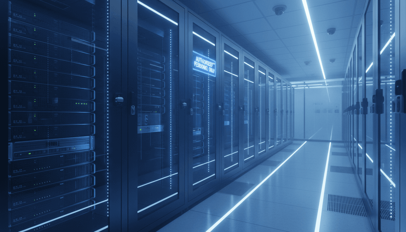 Secure server room with locked racks and blue ambient lighting