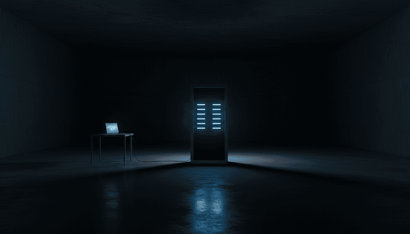 Dark room with a single illuminated server rack and an open laptop on a metal desk