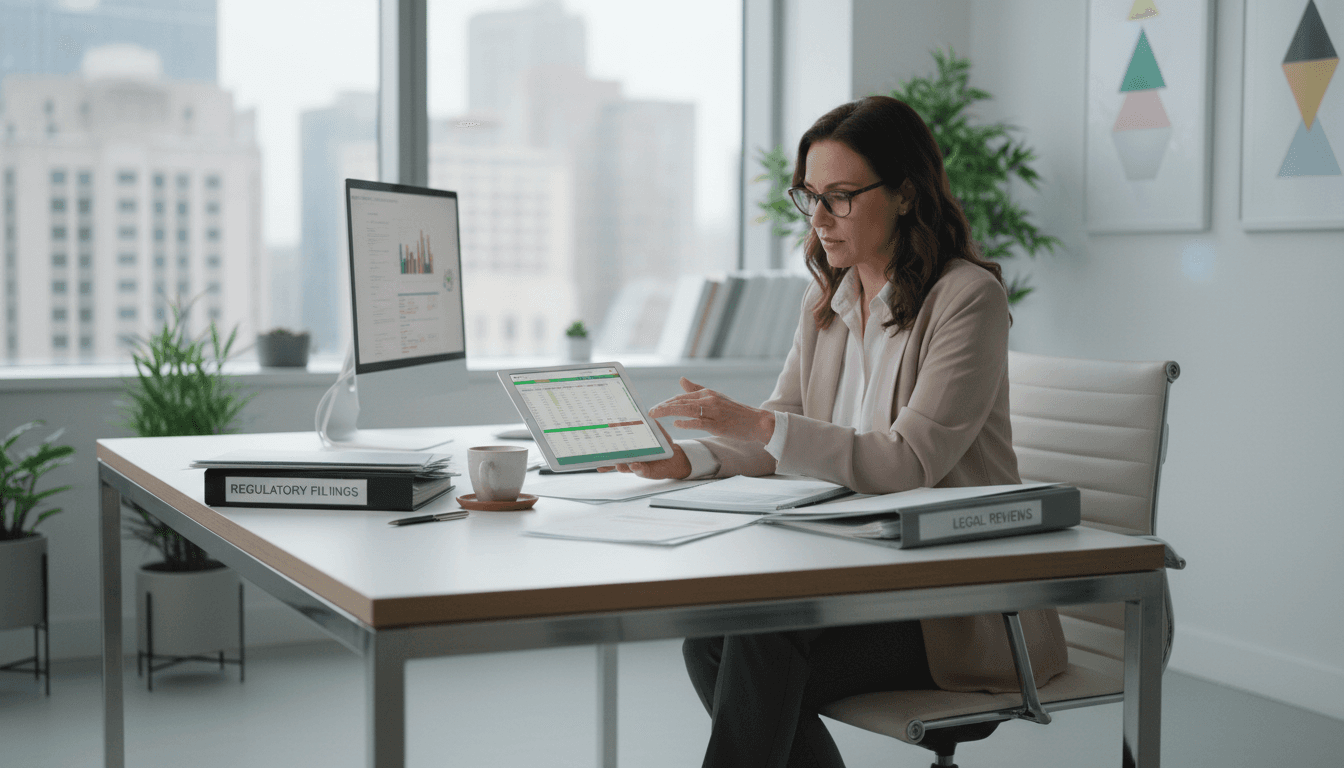 Compliance officer reviewing documents at clean modern desk with tablet