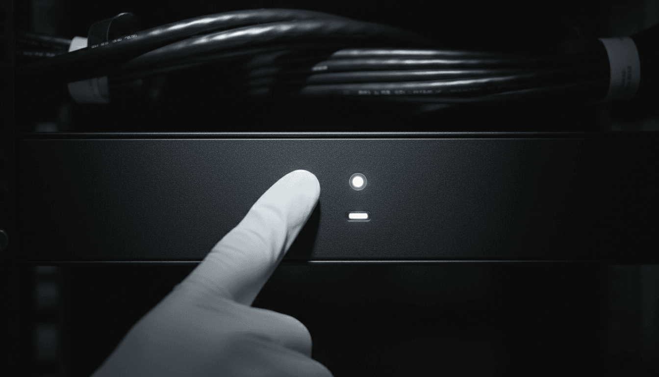 Hand touching a server module with glowing indicator light