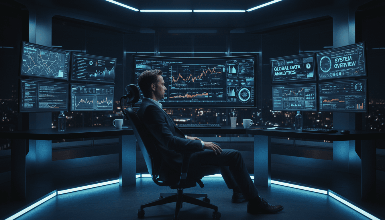 Professional analyst reviewing data on multiple screens