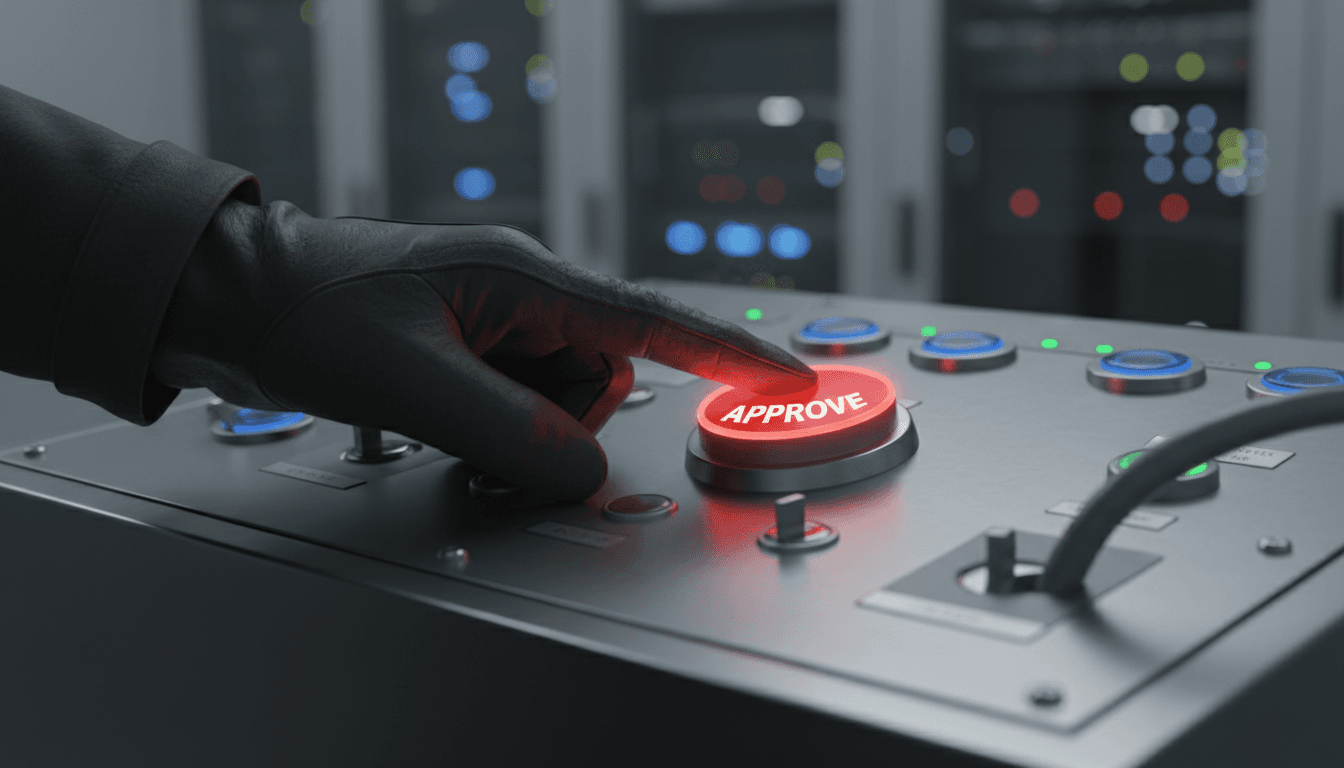 Hand pressing an approval button on a control panel