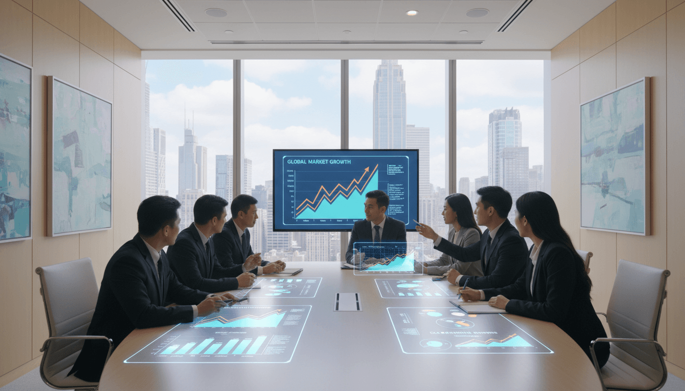 Team of professionals discussing charts around a table in a modern boardroom