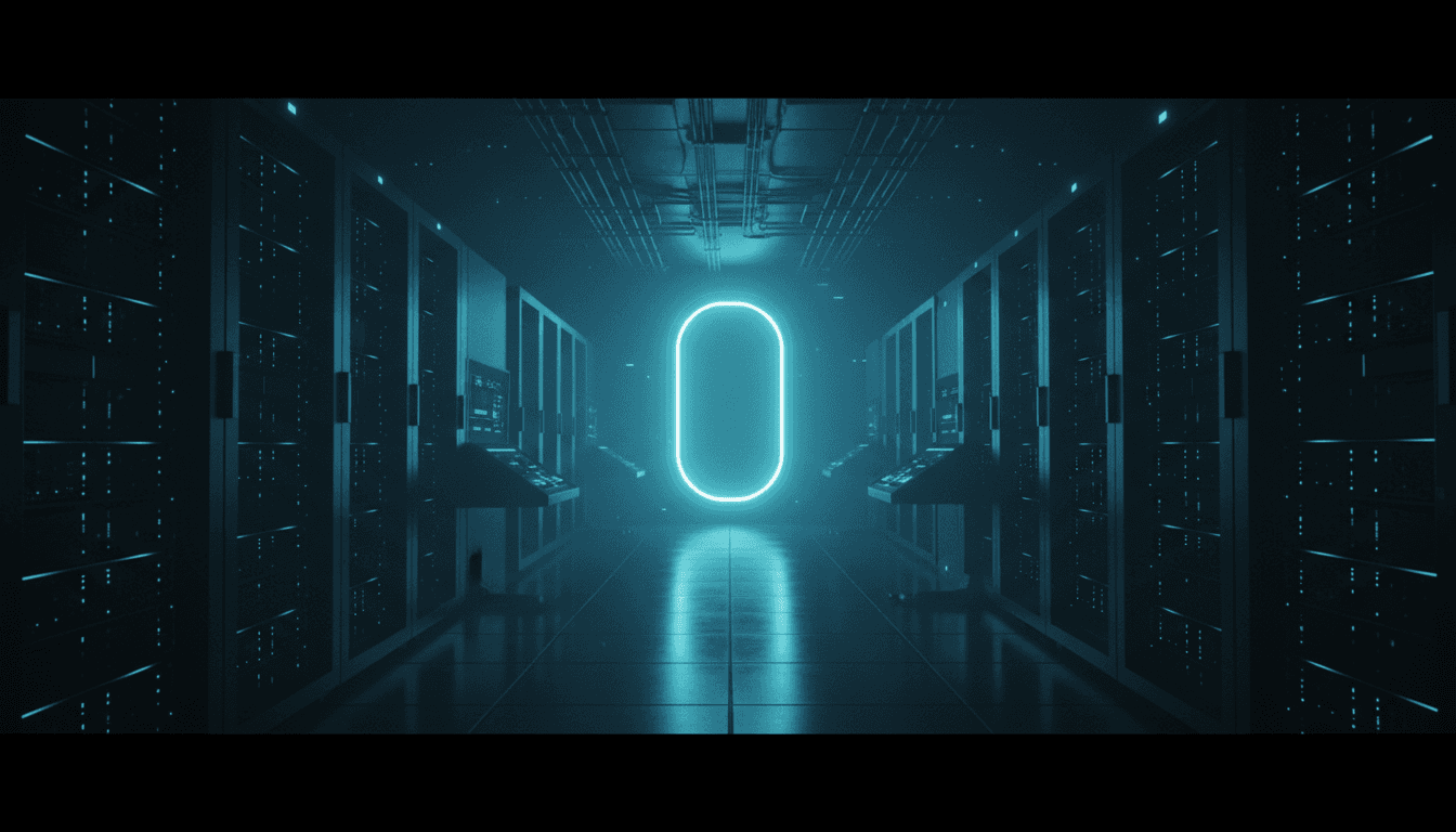 High-security server corridor with a glowing entry portal at the end