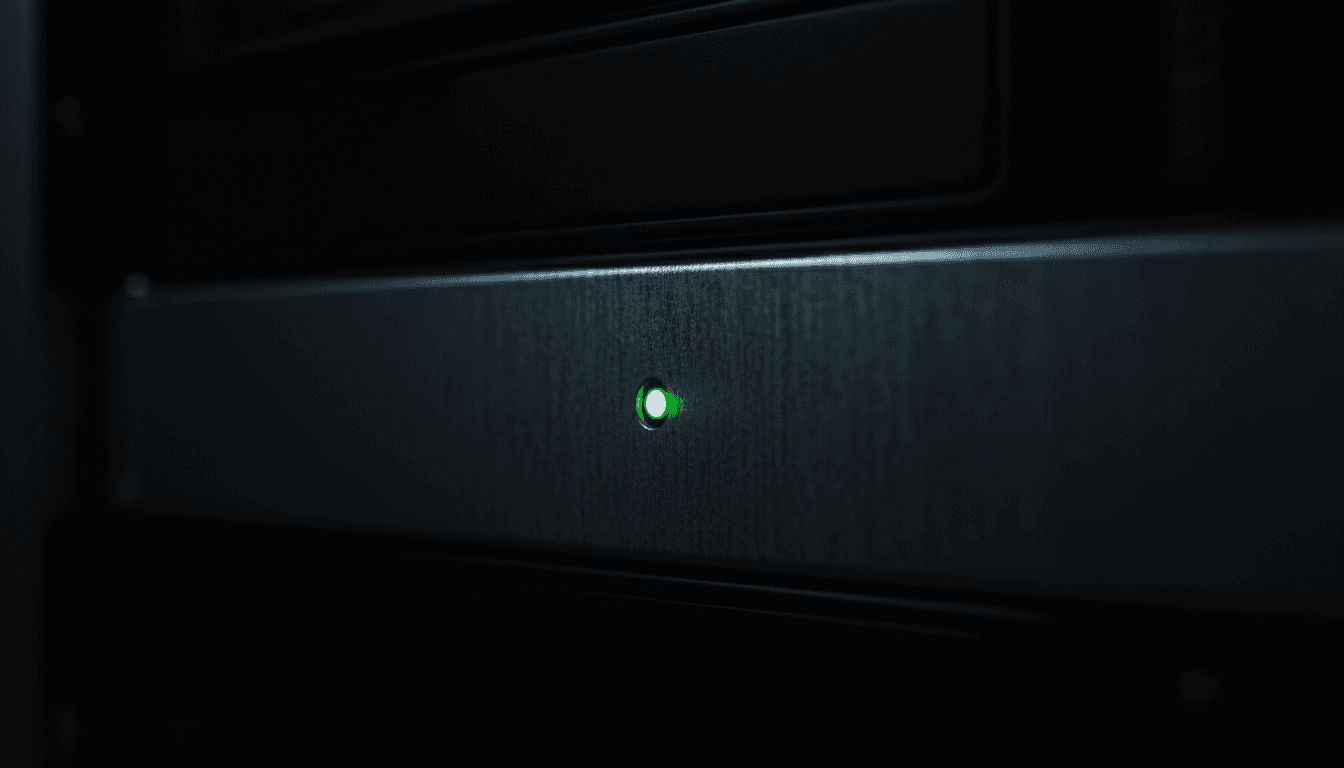 Close-up of a server rack with a single blinking green LED in near darkness