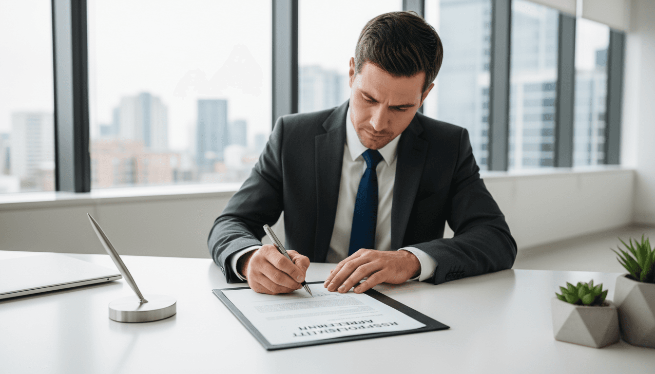 Business executive signing a document at a clean desk