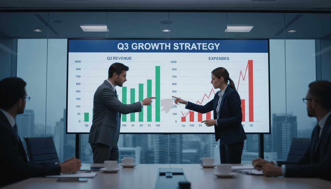 Two professionals discussing conflicting data charts in a boardroom