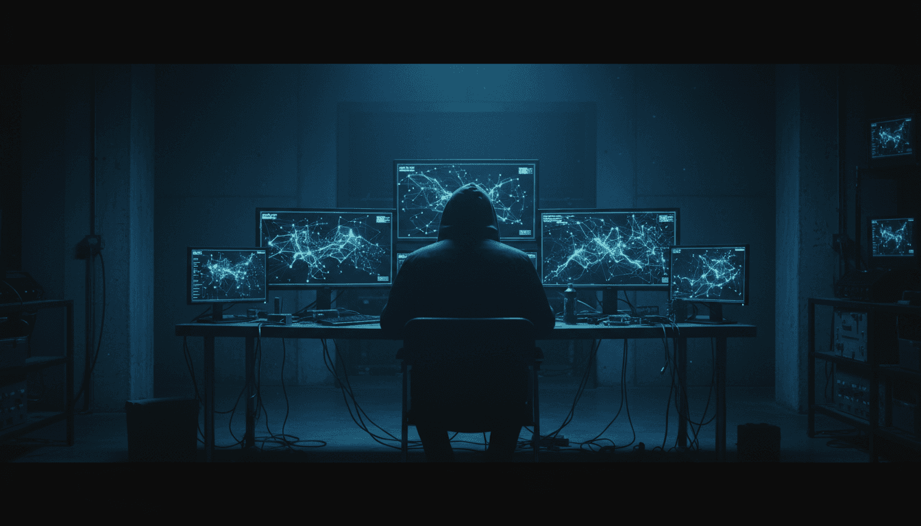 Moody cinematic photography style, wide shot of an anonymous figure in a dim room facing multiple monitors displaying abstract network maps with blurred nodes and pathways, no readable text; darkness dominates with scattered cool blue screen glow, stark shadows, high contrast, atmosphere of covert intelligence work, charcoal and cyan color palette