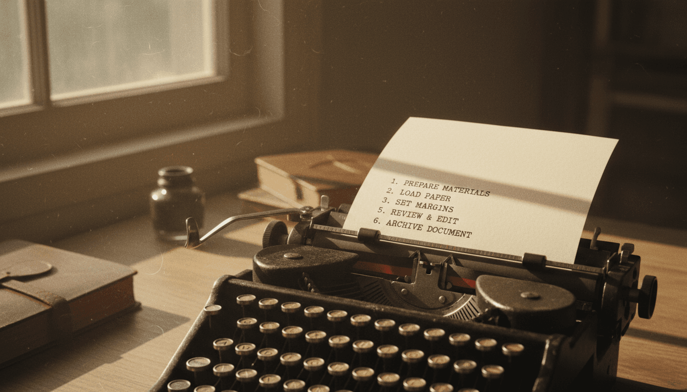 Typewriter with a page of numbered investigation steps, dusty window light