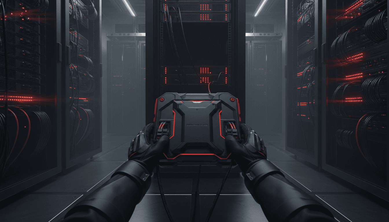 High-tech security aesthetic, over-the-shoulder shot of hands in a server room connecting a rugged secure workstation to hardware racks with glowing status diodes, no readable text; shallow depth of field, dramatic lighting with red and amber accent lights, industrial environment, clean composition conveying physical security and isolation, graphite black with crimson highlights color palette