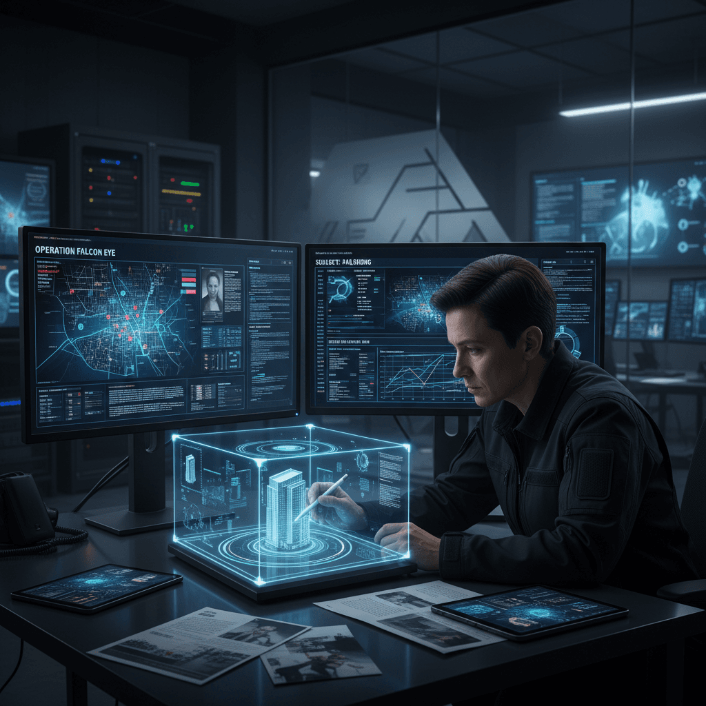 Analyst examining case files and evidence across multiple screens