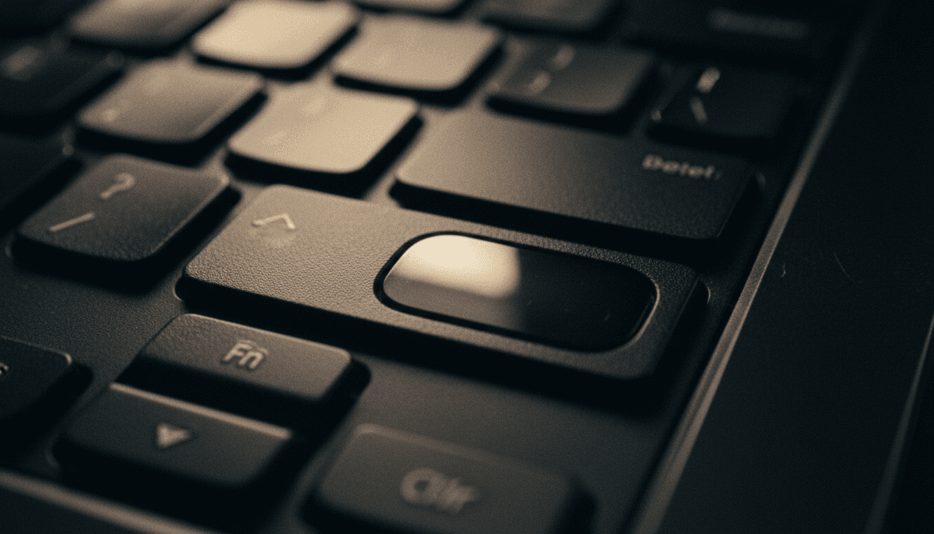 Extreme close-up of a laptop keyboard's fingerprint scanner with ambient light reflection, representing security and privacy-first architecture.