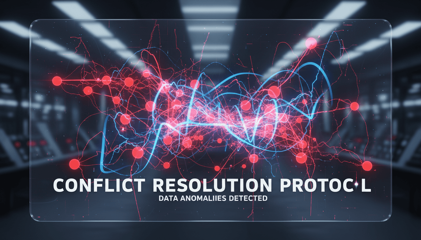 Abstract visualization of conflicting data points and connections on a high-tech display