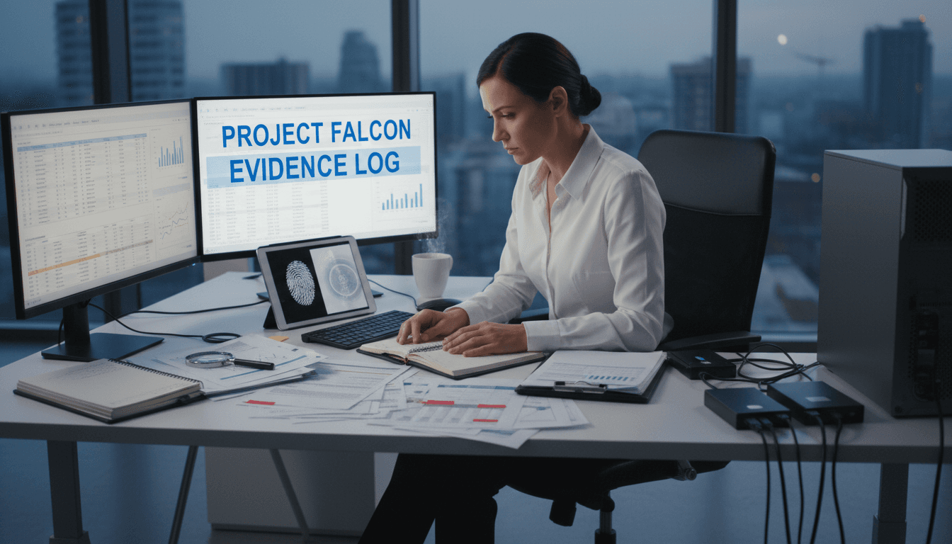 Professional analyst examining evidence documents and digital files at a desk