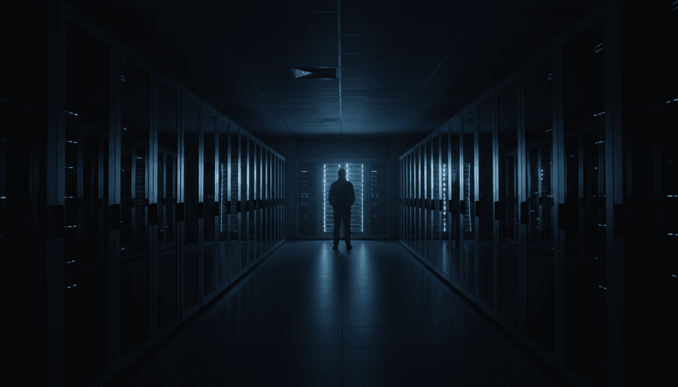 Silhouetted figure standing in a dark, blue-lit data center corridor, conveying security and controlled access.