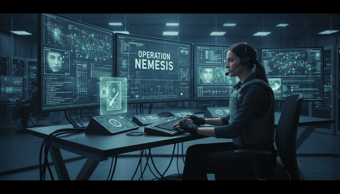 Forensic investigator analyzing digital evidence in high-tech control room
