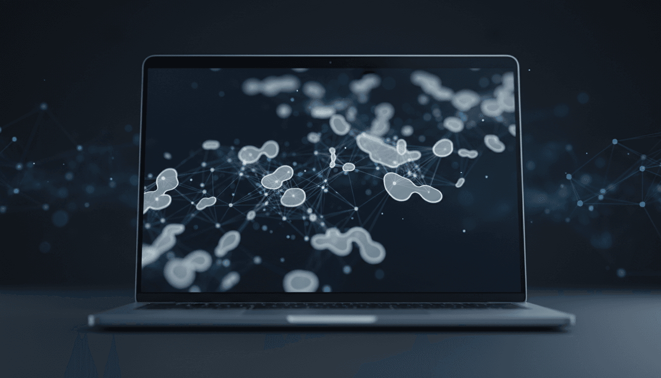 Minimalist editorial photography style, close-up of a sleek laptop screen showing a blurred interface of data nodes and connection lines, no readable text; dark background with subtle blue network highlights, soft ambient lighting, shallow depth of field, professional tech aesthetic, deep navy and silver color palette