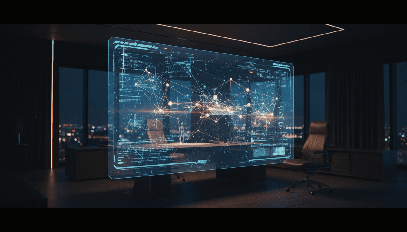 Futuristic data interface with glowing node networks in a dark room