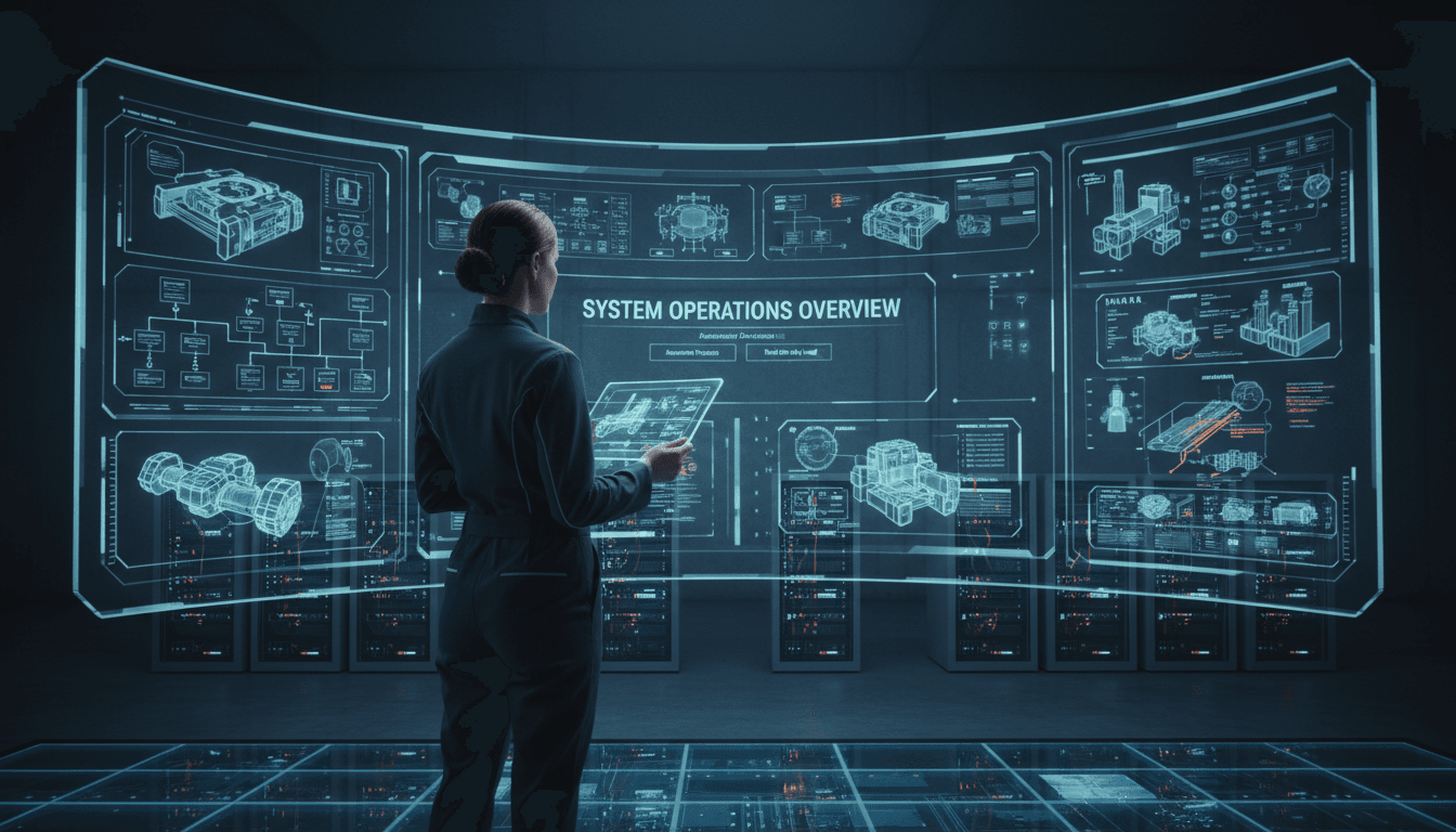 Engineer monitoring automated system operations on large display wall