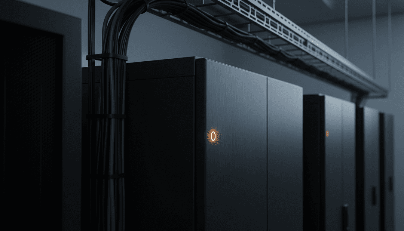 Close-up of a server rack with a single glowing indicator light in a darkened data center, representing autonomous, local-deployed intelligence infrastructure.