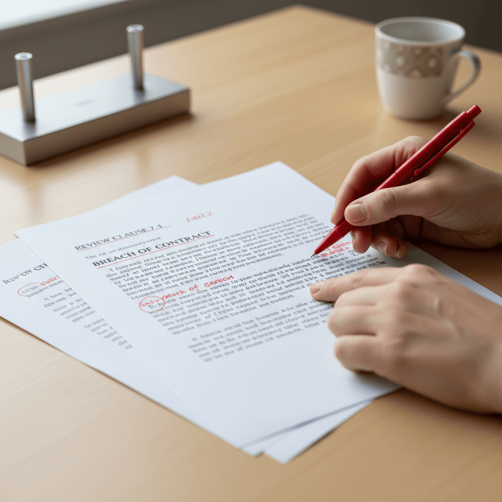Hands annotating a printed contract with contradiction flags