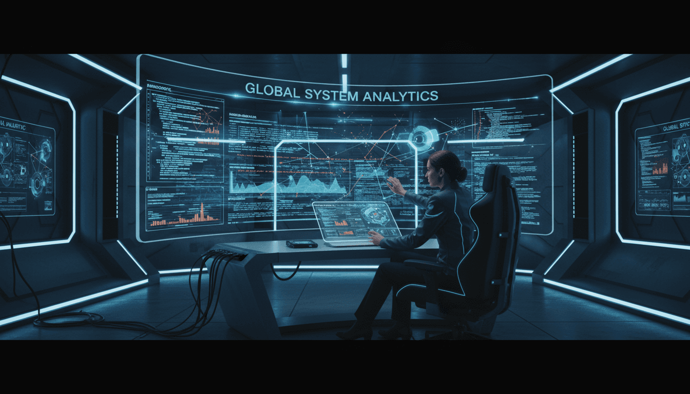 Analyst examining complex data on a large screen in a dim control room