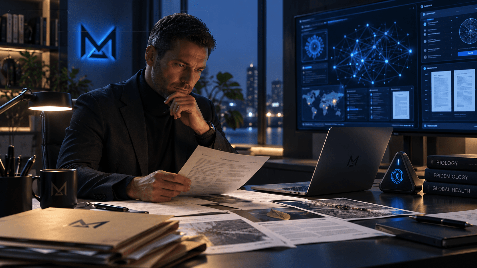 Focused man reviews documents at a desk with glowing blue data screens at night.