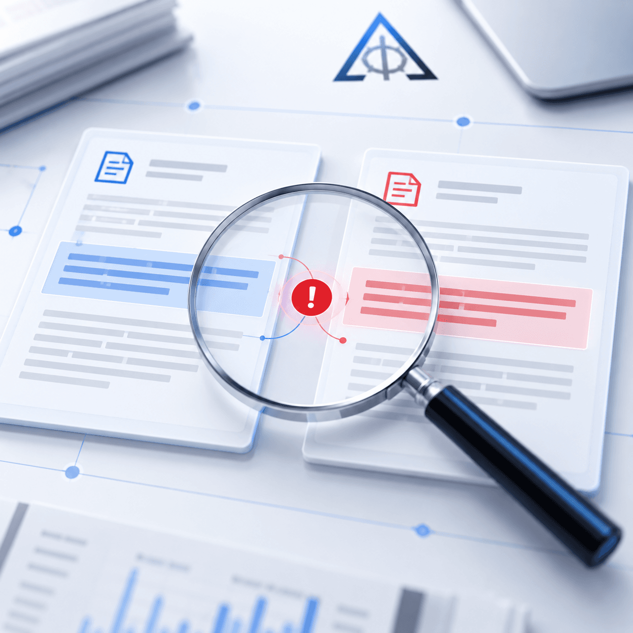 Magnifying glass comparing two documents, highlighting a discrepancy with a red exclamation mark icon.