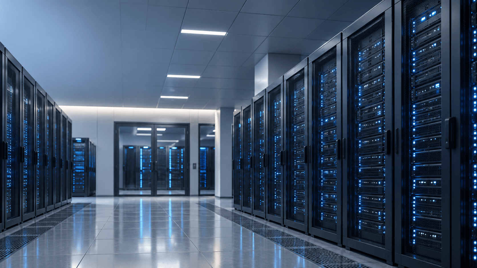 Rows of black server racks with glowing blue lights in a modern, clean data center.