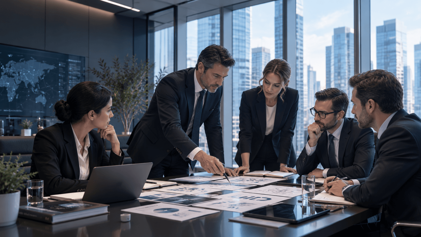 Business professionals in a high-rise office analyze charts and documents during a collaborative meeting.