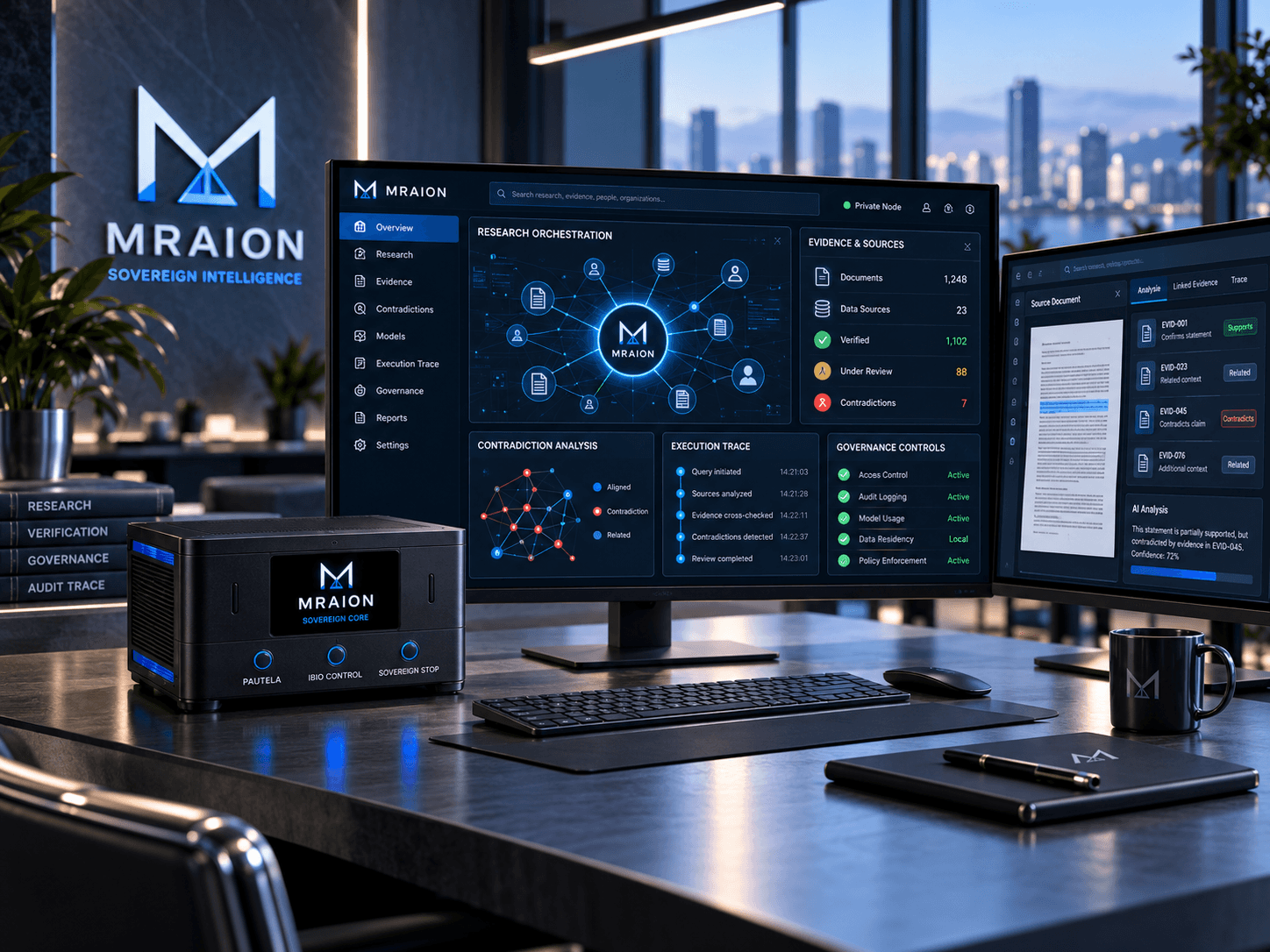 MRAION Sovereign Intelligence dashboard and hardware core on a desk in a high-tech office.