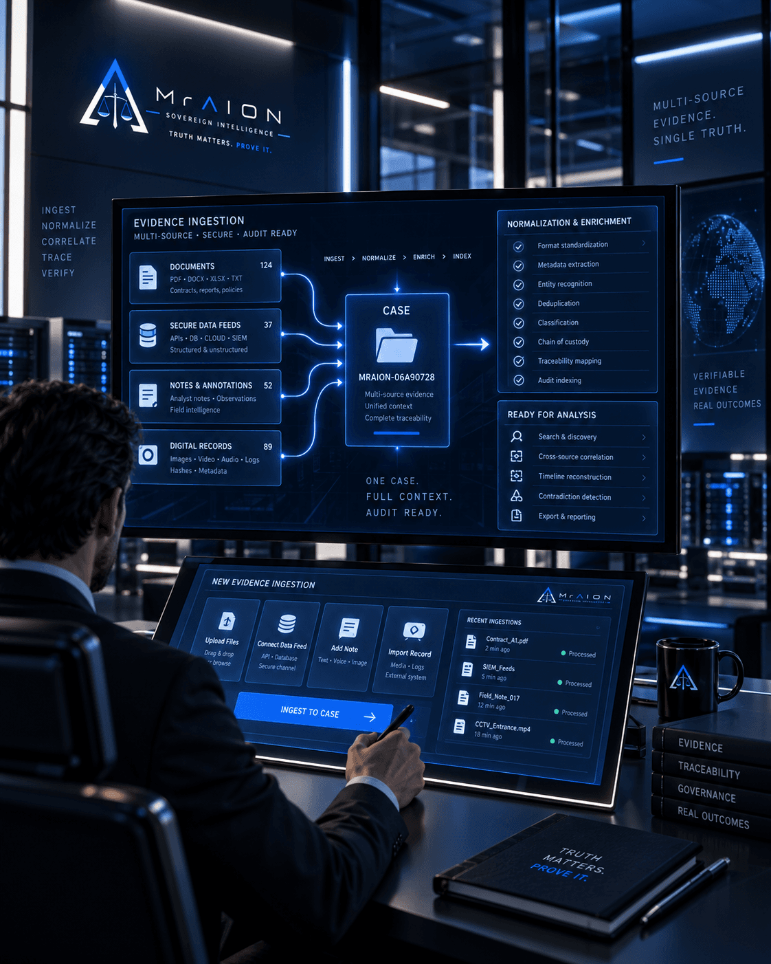 A professional interacts with a high-tech digital dashboard for sovereign intelligence evidence ingestion and analysis.