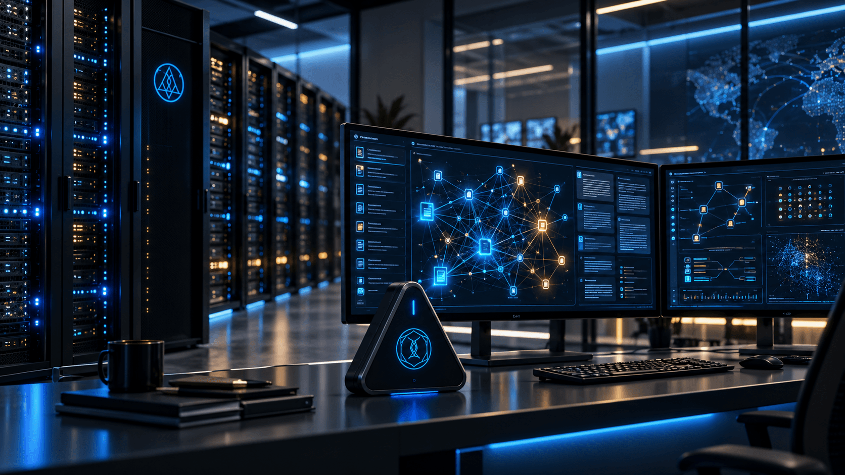 Futuristic server room with glowing network diagrams on monitors and rows of data server racks.