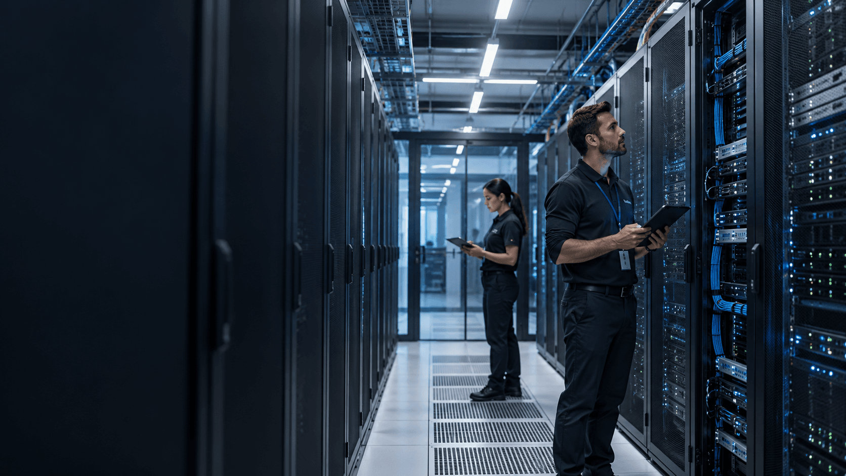 IT specialists inspecting glowing server racks with tablets in a large, modern data center facility.